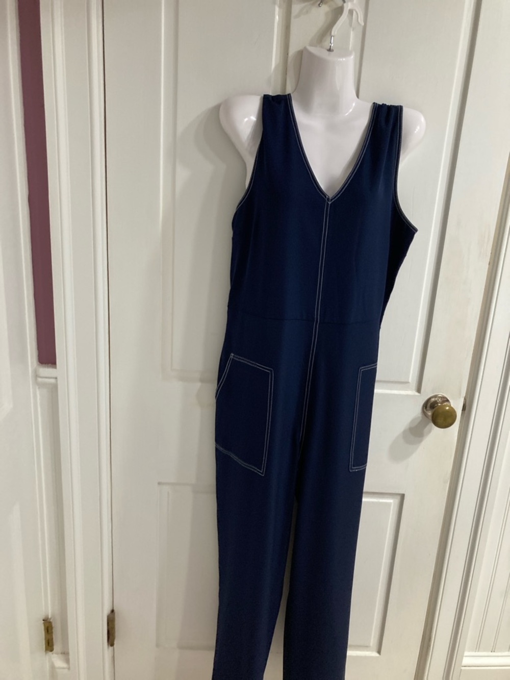 Nine West Sleeveless Navy V-Neck Jumpsuit with Patch Pockets